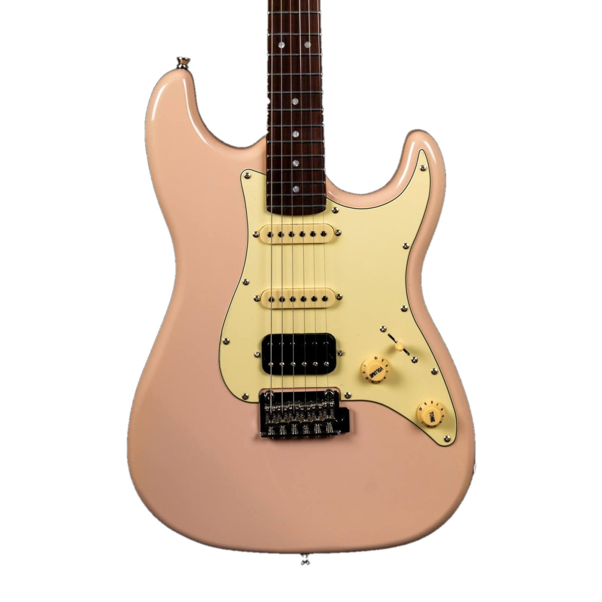 Jet JS-400 PK R Shell Pink Stratocaster electric guitar body with cream pickguard, HSS pickups and rosewood fretboard.