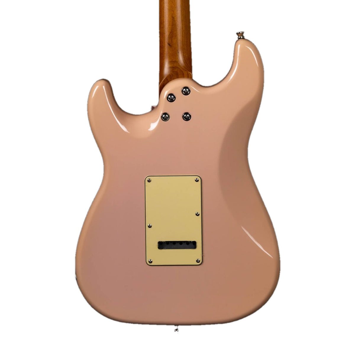 Back of a Jet JS-400 PK R shell pink electric guitar with a cream tremolo cover plate and roasted maple neck.