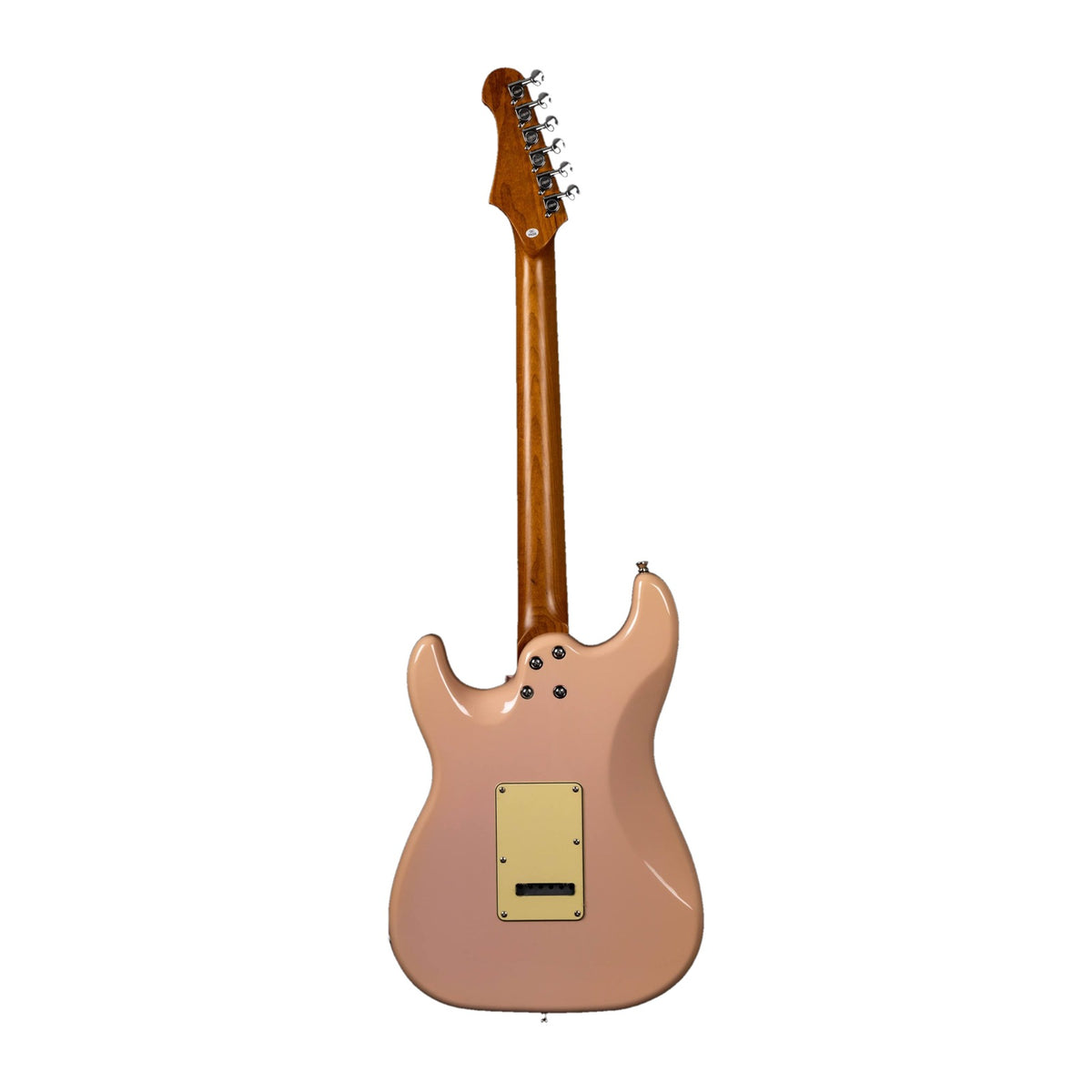 Full back view of a Jet JS-400 PK R shell pink electric guitar showing the roasted maple neck.