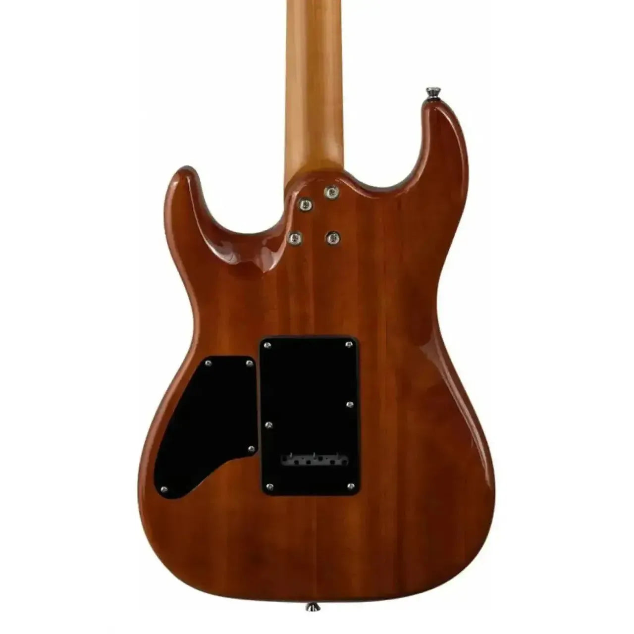 Back of a Jet JS-45 FIREBURST Stratocaster electric guitar with a mahogany body and maple neck.