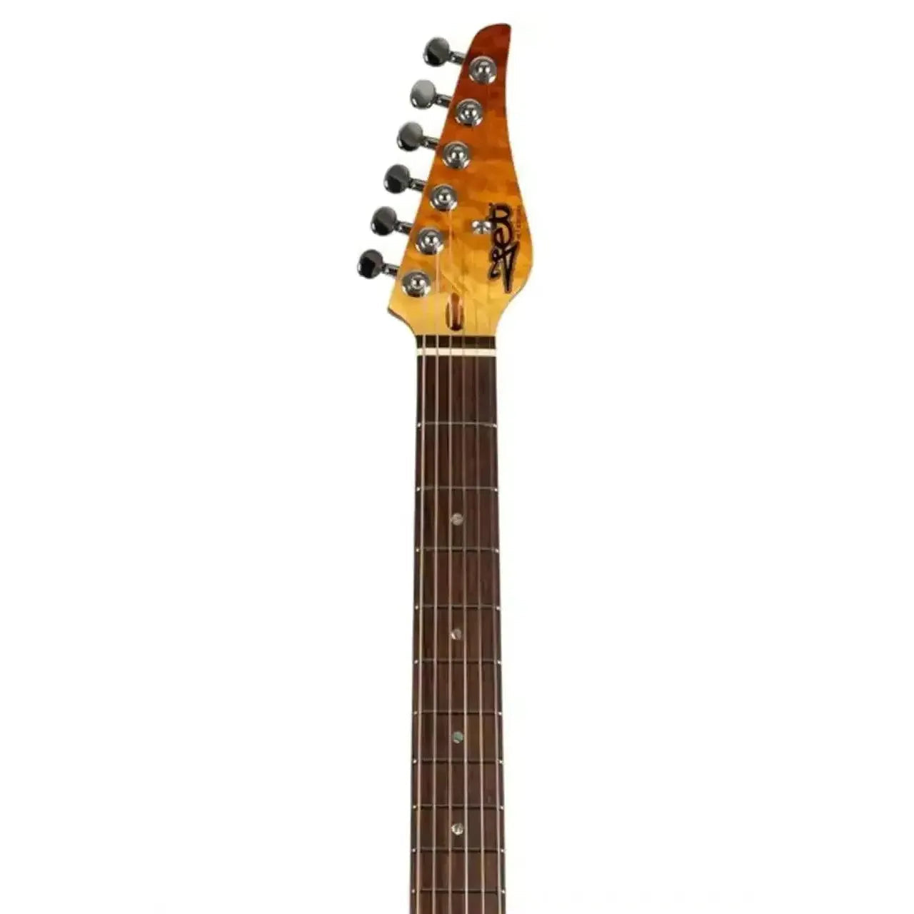 Jet JS-45 FIREBURST Stratocaster electric guitar headstock with flame finish and dark tuners.