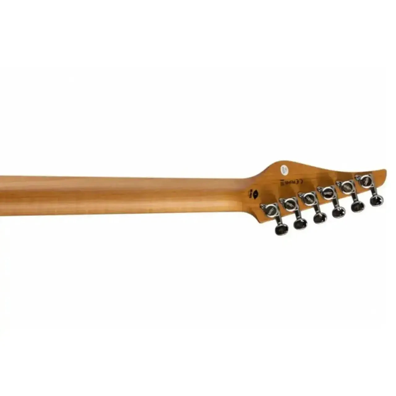 Jet JS-45 FIREBURST Stratocaster electric guitar's light roast maple neck and headstock with black tuners.