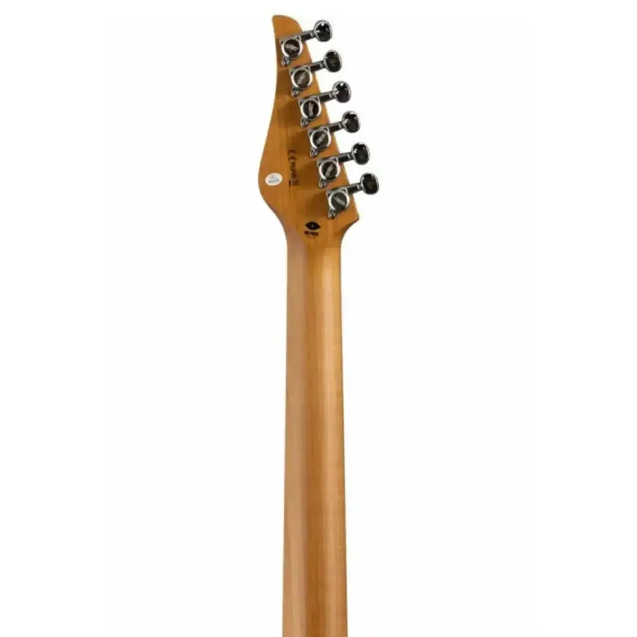 Jet JS-45 FIREBURST Stratocaster electric guitar's light roast maple neck and headstock with black tuners.