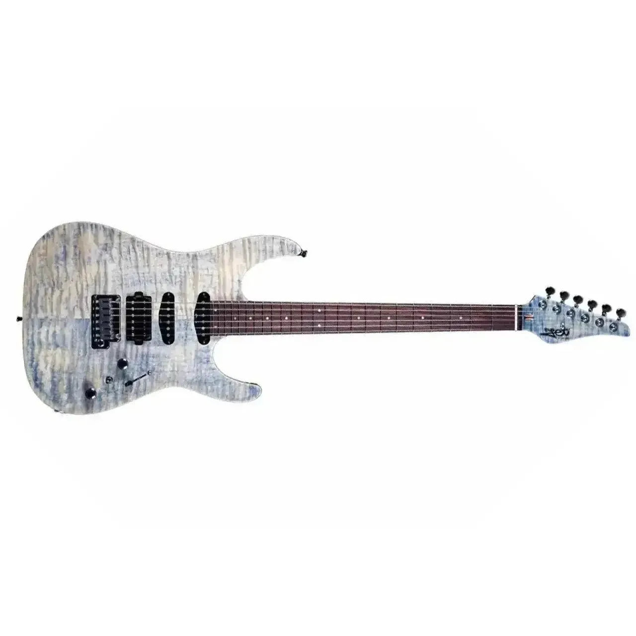 Jet JS-45 Indigo Grey Stratocaster electric guitar with flamed maple top, rosewood fretboard, and black hardware.