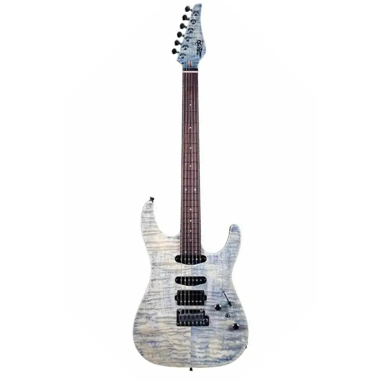 Jet JS-45 Indigo Grey Stratocaster electric guitar with flamed maple top, rosewood fretboard, and black hardware.