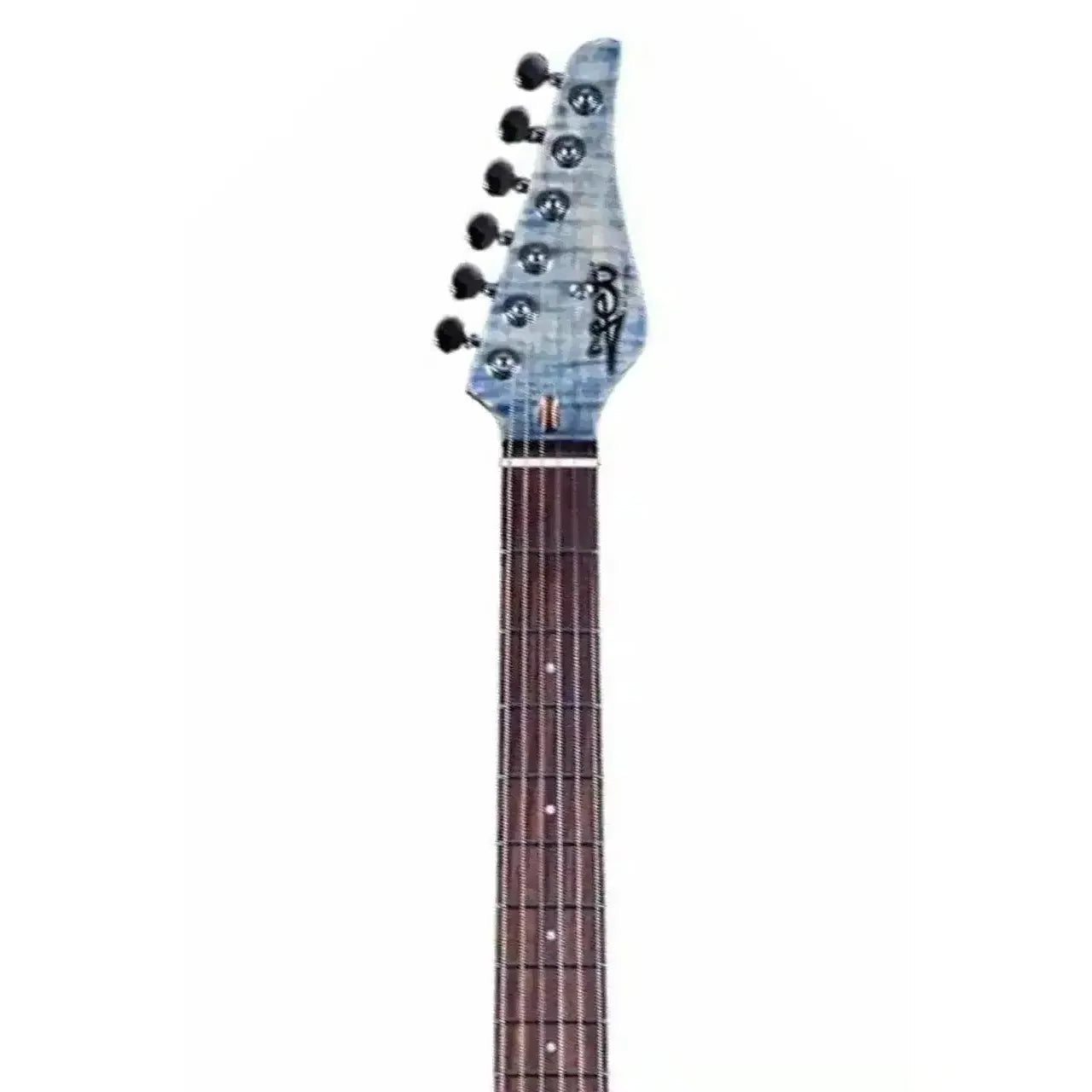 Jet JS-45 Indigo Grey Stratocaster electric guitar headstock with flamed maple and black tuners.