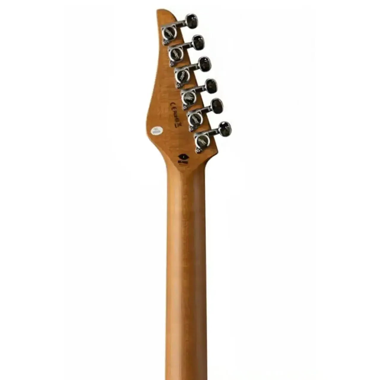Jet JS-45 Stratocaster electric guitar's light roast maple neck and headstock with locking tuners.