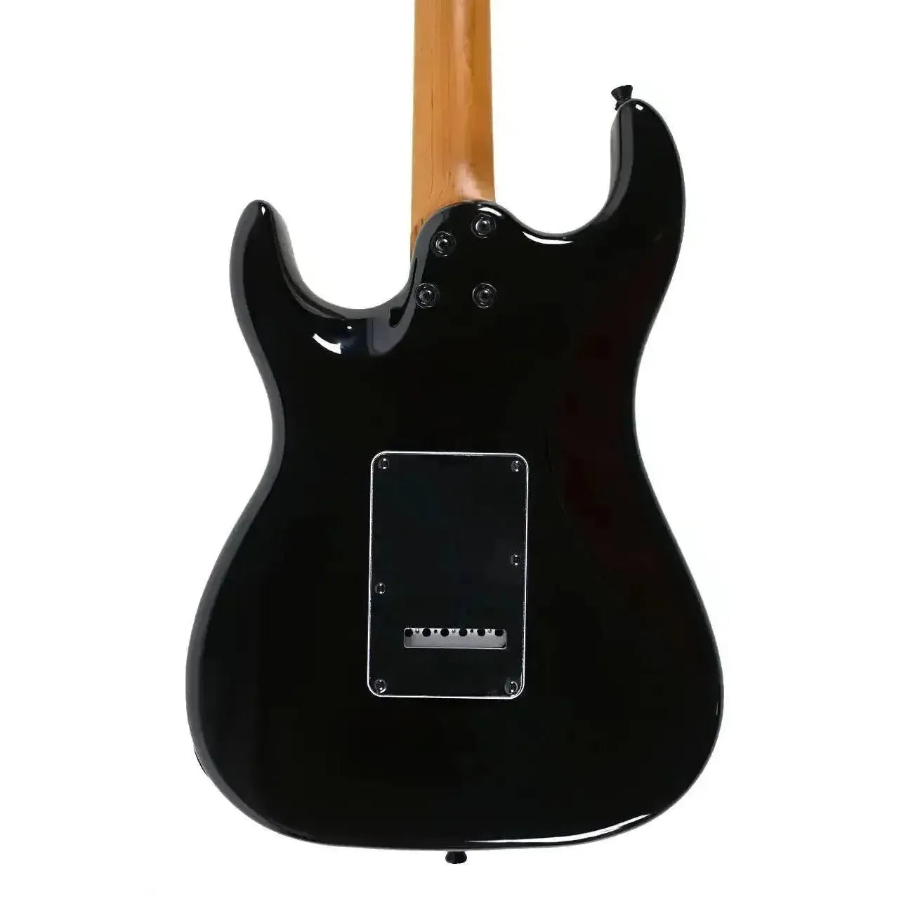 Back of a Jet JS-450 BLB Stratocaster electric guitar, black body with natural wood neck.