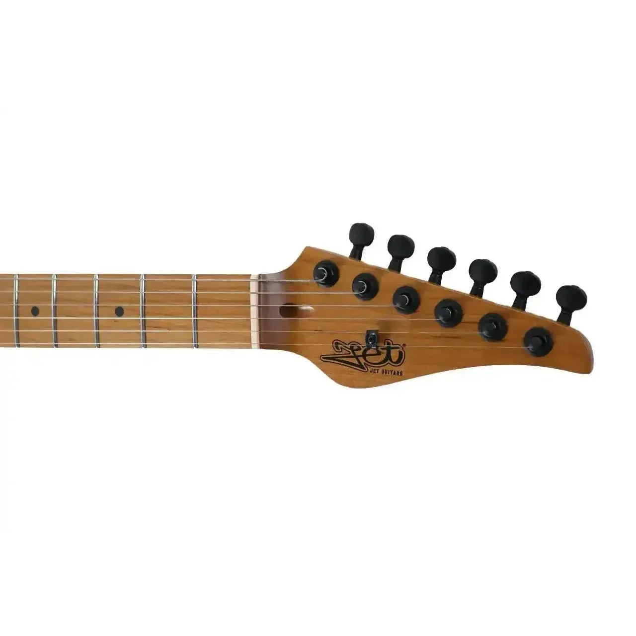 Jet JS-450 BLB Stratocaster electric guitar headstock with roasted maple and black tuners.