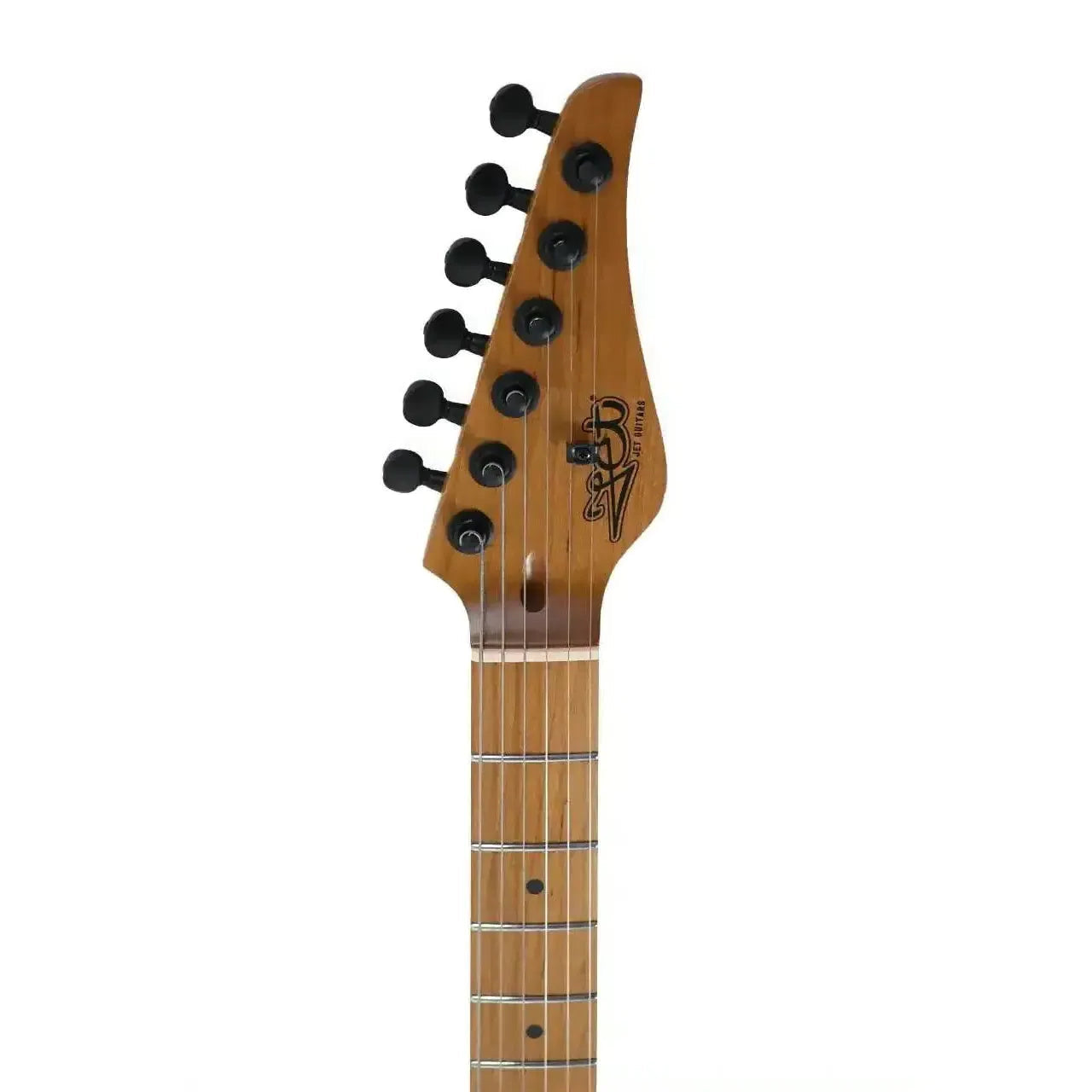 Jet JS-450 BLB Stratocaster electric guitar headstock with roasted maple and black tuners.