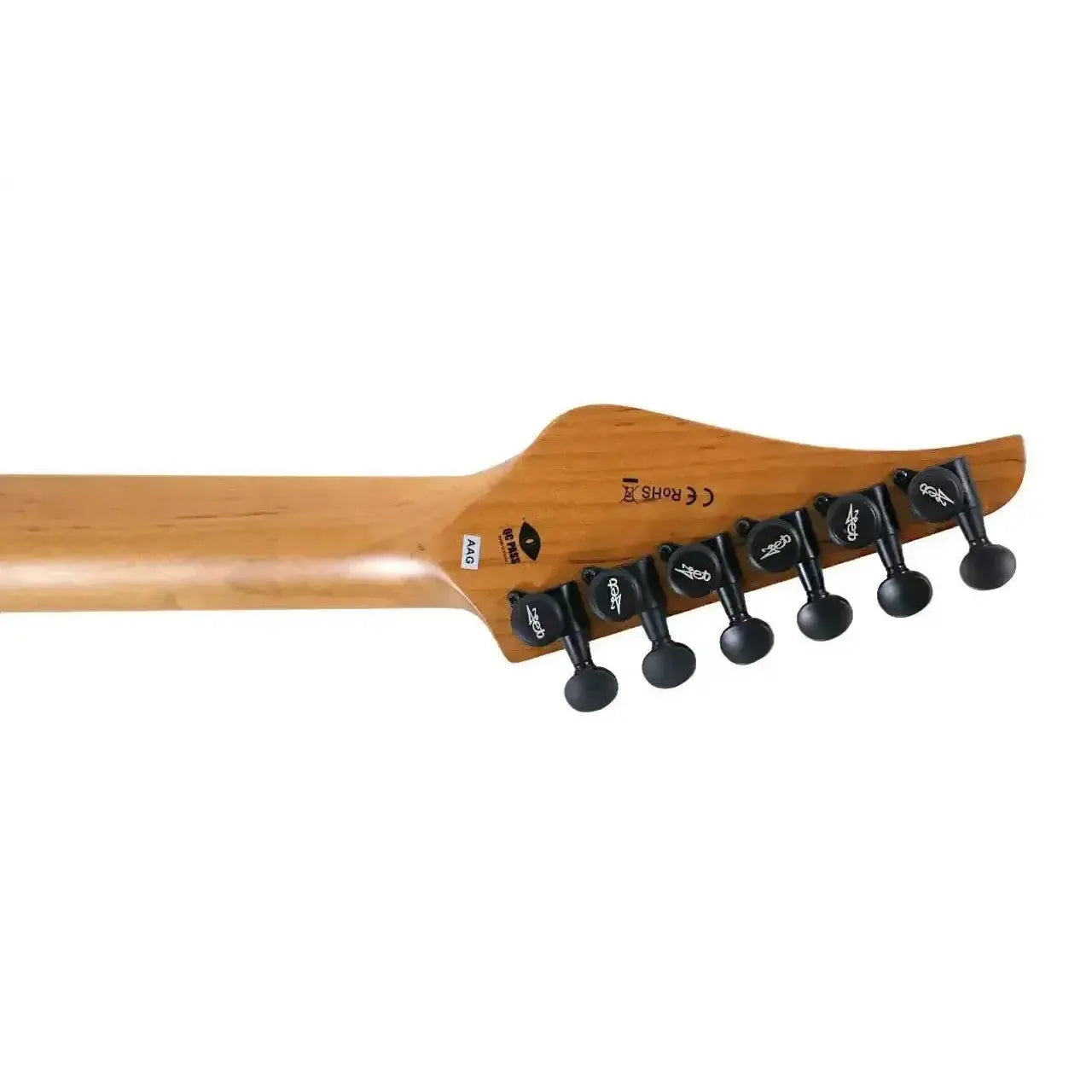 Back of a Jet JS-450 Stratocaster electric guitar headstock with 6 black tuners and a maple neck.