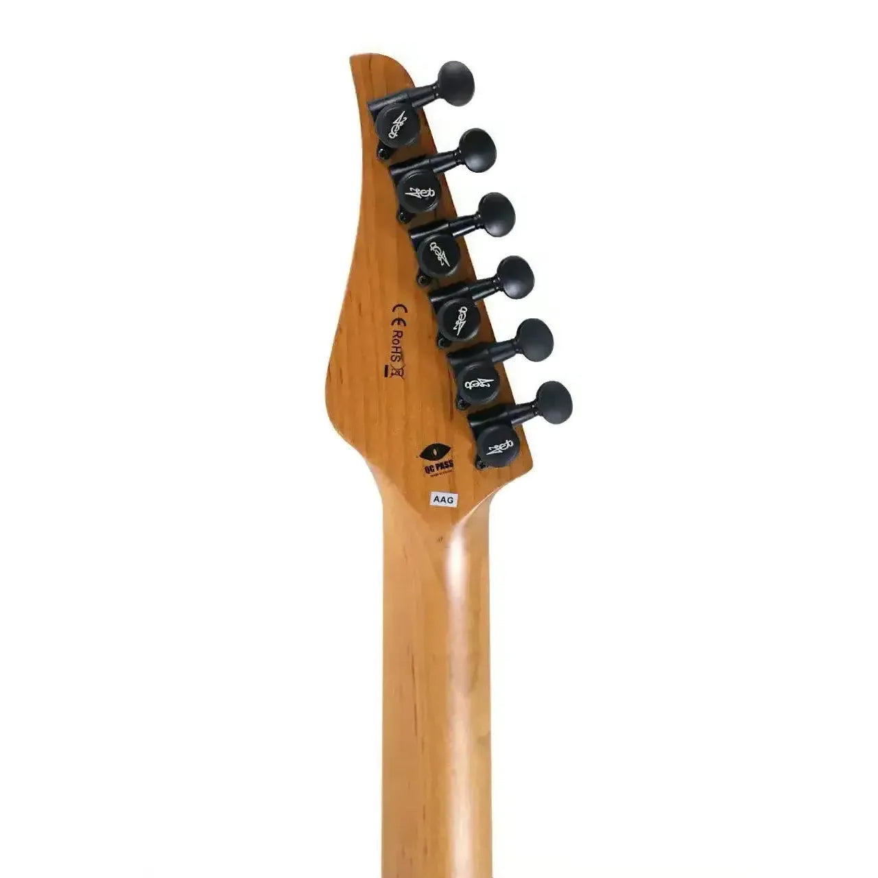 Back of a Jet JS-450 Stratocaster electric guitar headstock with 6 black tuners and a maple neck.