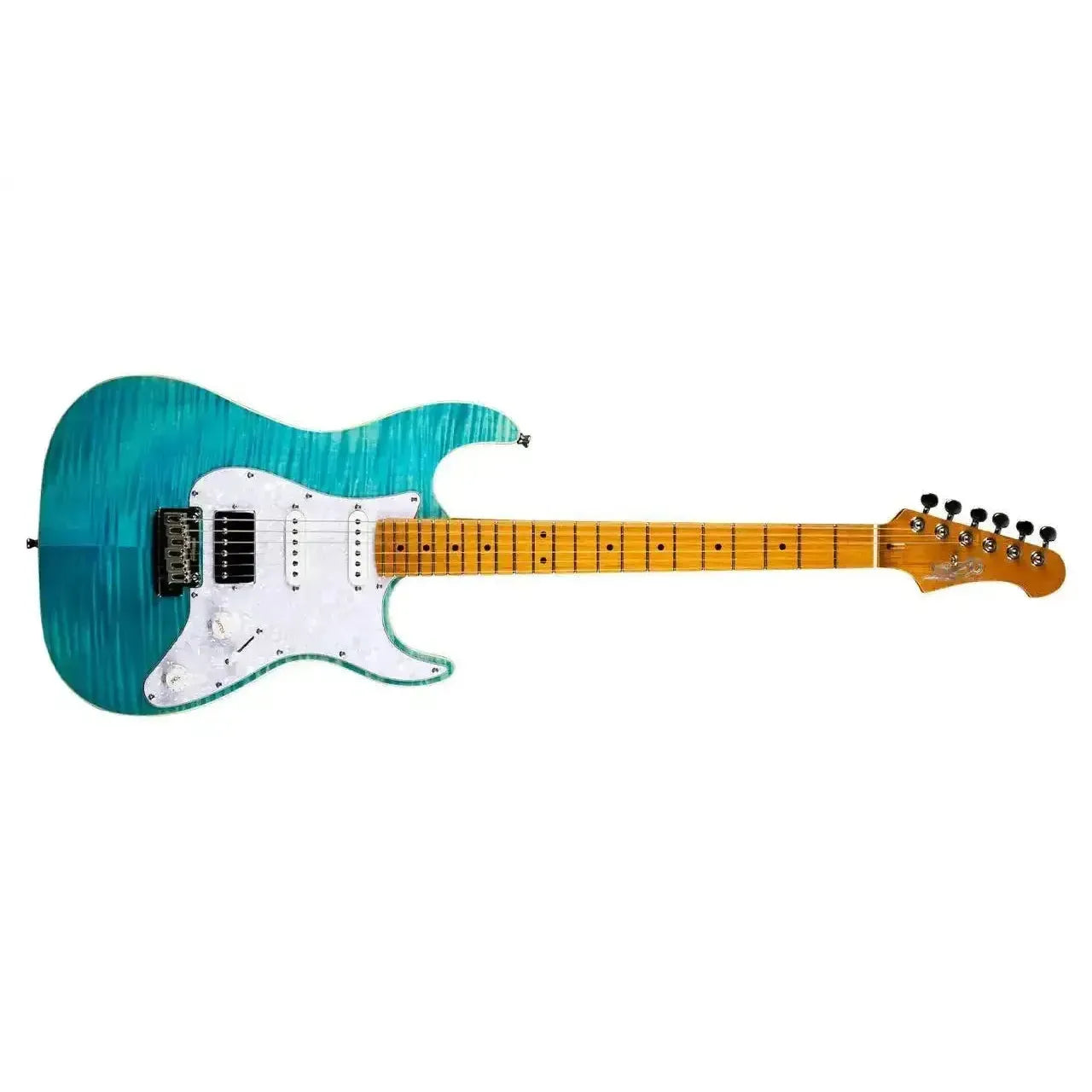 Jet JS-450 OBL Ocean Blue Stratocaster electric guitar with flamed maple top and roasted maple neck.