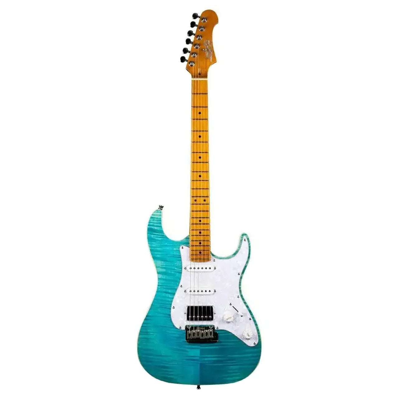 Jet JS-450 OBL Ocean Blue Stratocaster electric guitar with flamed maple top and roasted maple neck.