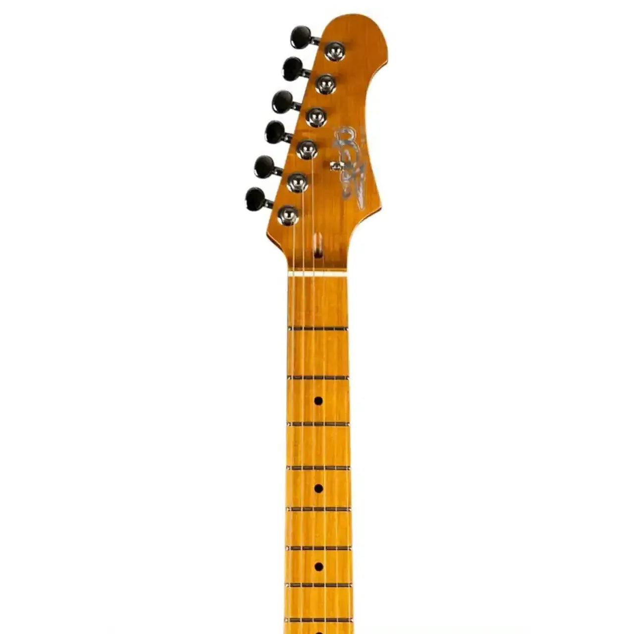 Jet JS-450 Ocean Blue Stratocaster electric guitar's roasted maple neck and headstock with black tuners.