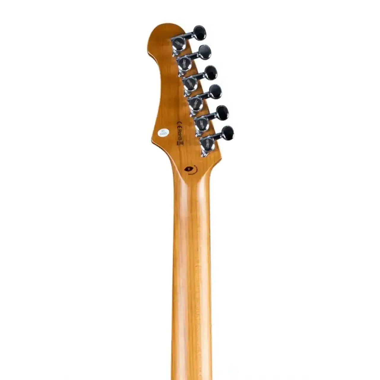 Back of a Jet JS-450 Stratocaster electric guitar's roasted maple neck and headstock with tuners.