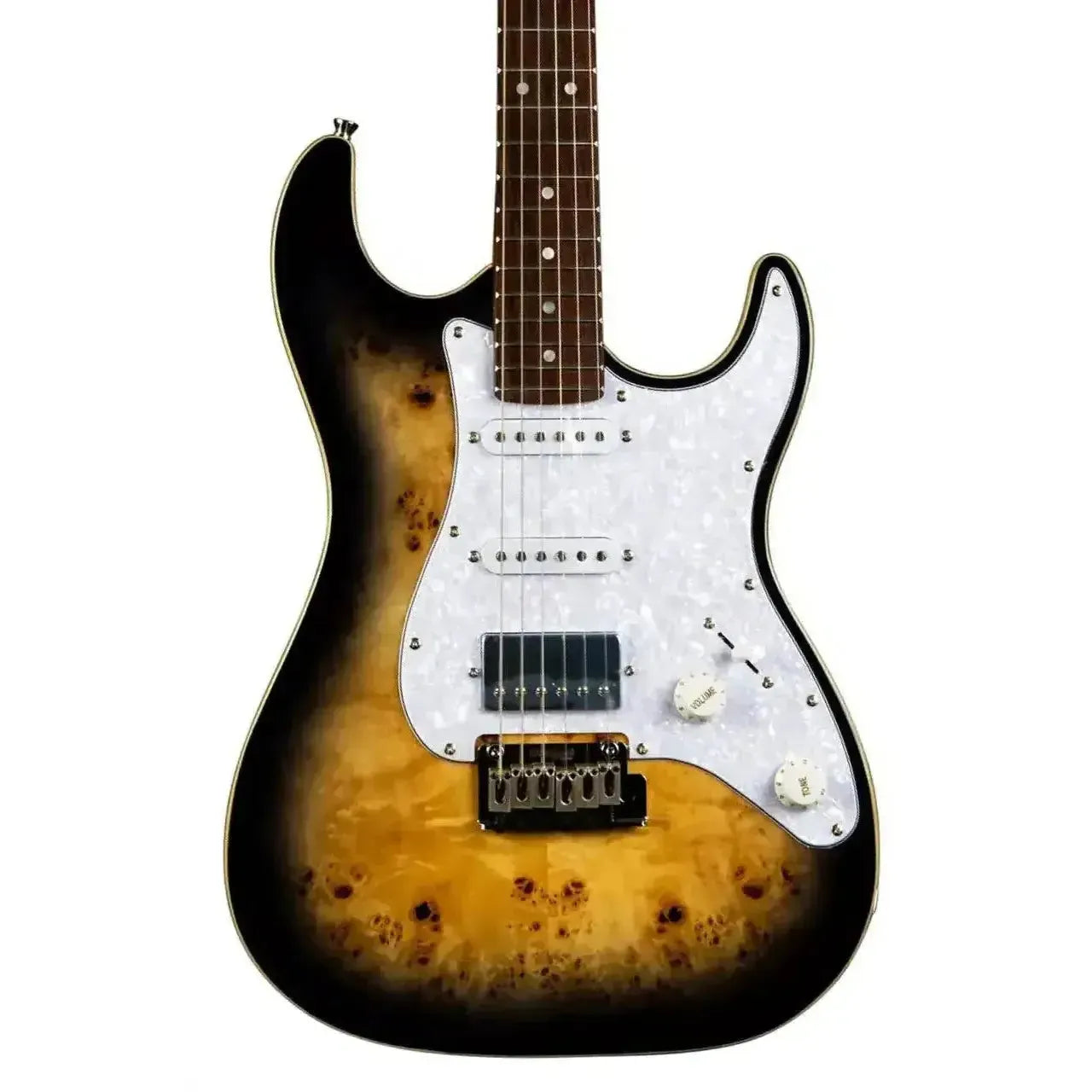 Jet JS-450 QTBR Transparent Brown Stratocaster electric guitar with burl poplar top, white pickguard.