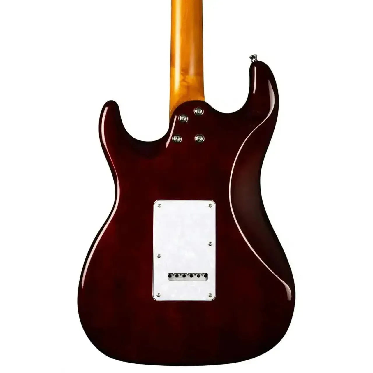 Back of a Jet JS-450 QTBR Transparent Brown Stratocaster electric guitar with a gloss finish and light wood neck.