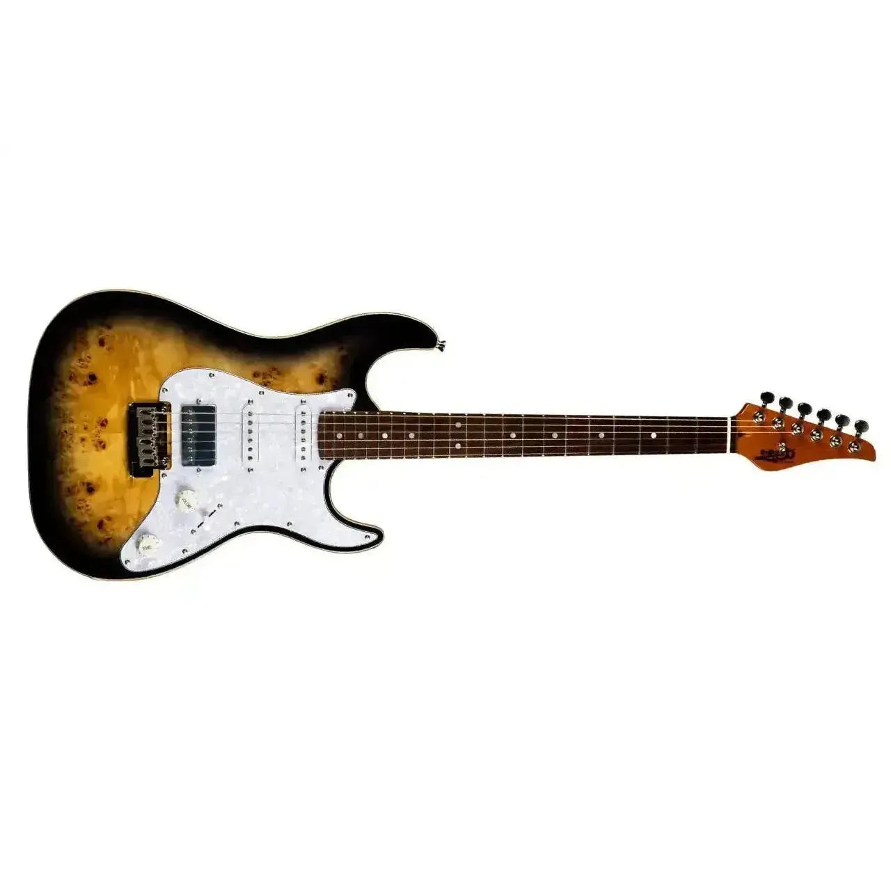Jet JS-450 QTBR Transparent Brown Stratocaster electric guitar with burl poplar top, white pickguard.