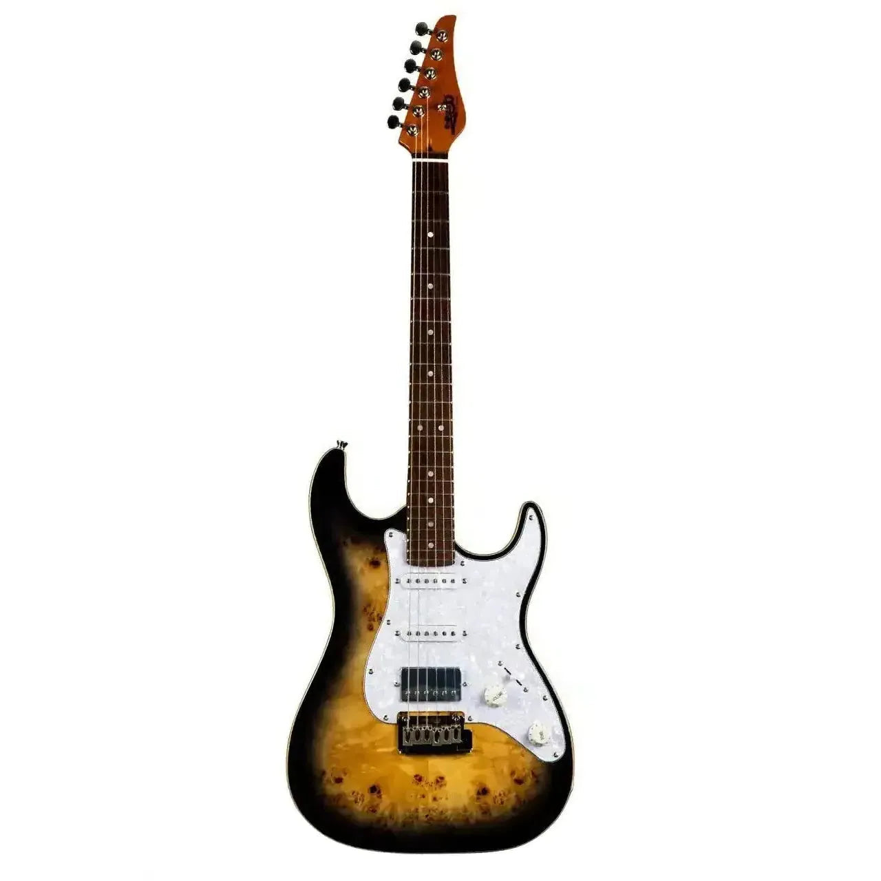 Jet JS-450 QTBR Transparent Brown Stratocaster electric guitar with burl poplar top, white pickguard.