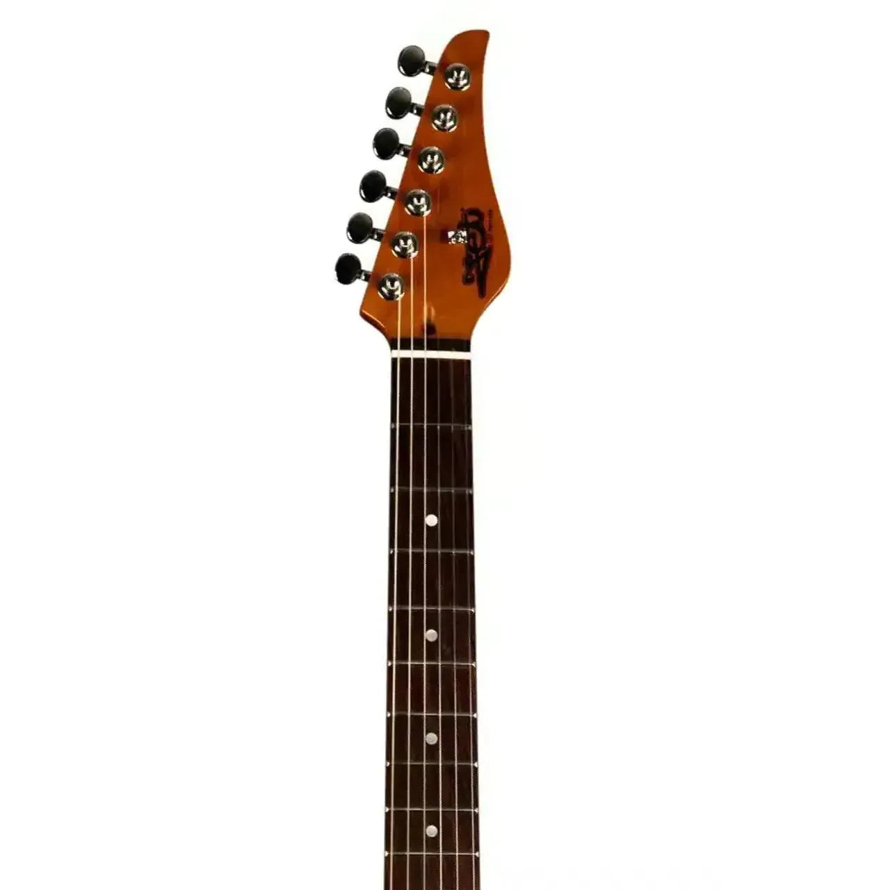 Jet JS-450 QTBR Transparent Brown Stratocaster electric guitar headstock with black tuners and rosewood fretboard.