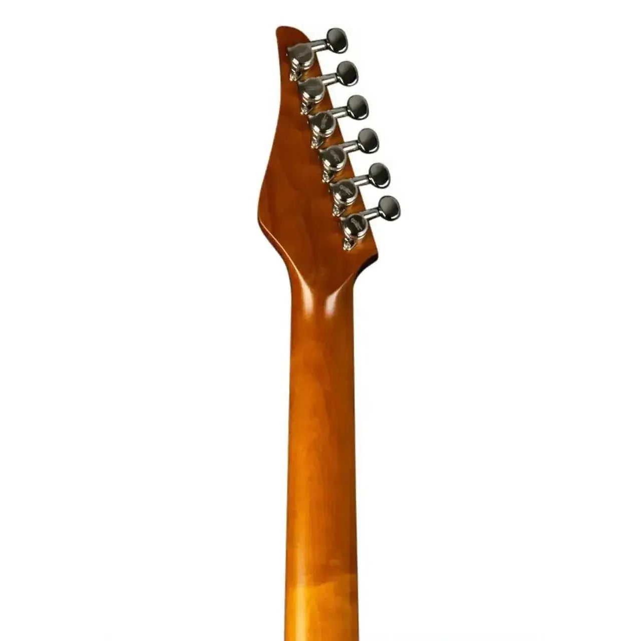 Jet JS-450 QTBR Stratocaster electric guitar's transparent brown roasted maple neck and headstock with tuners.