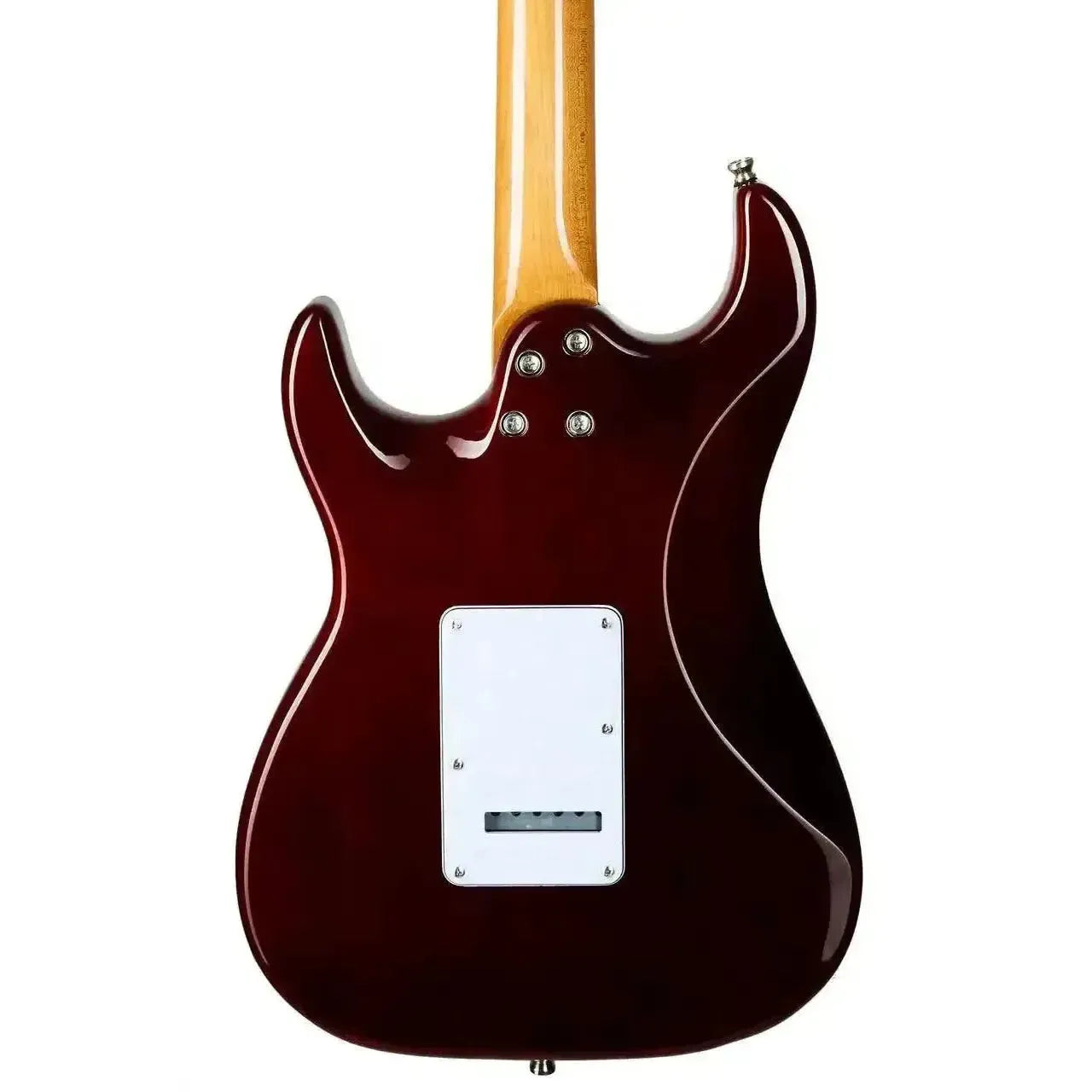 Back of a Jet JS-450 TBK Transparent Black Stratocaster electric guitar with a roasted maple neck.