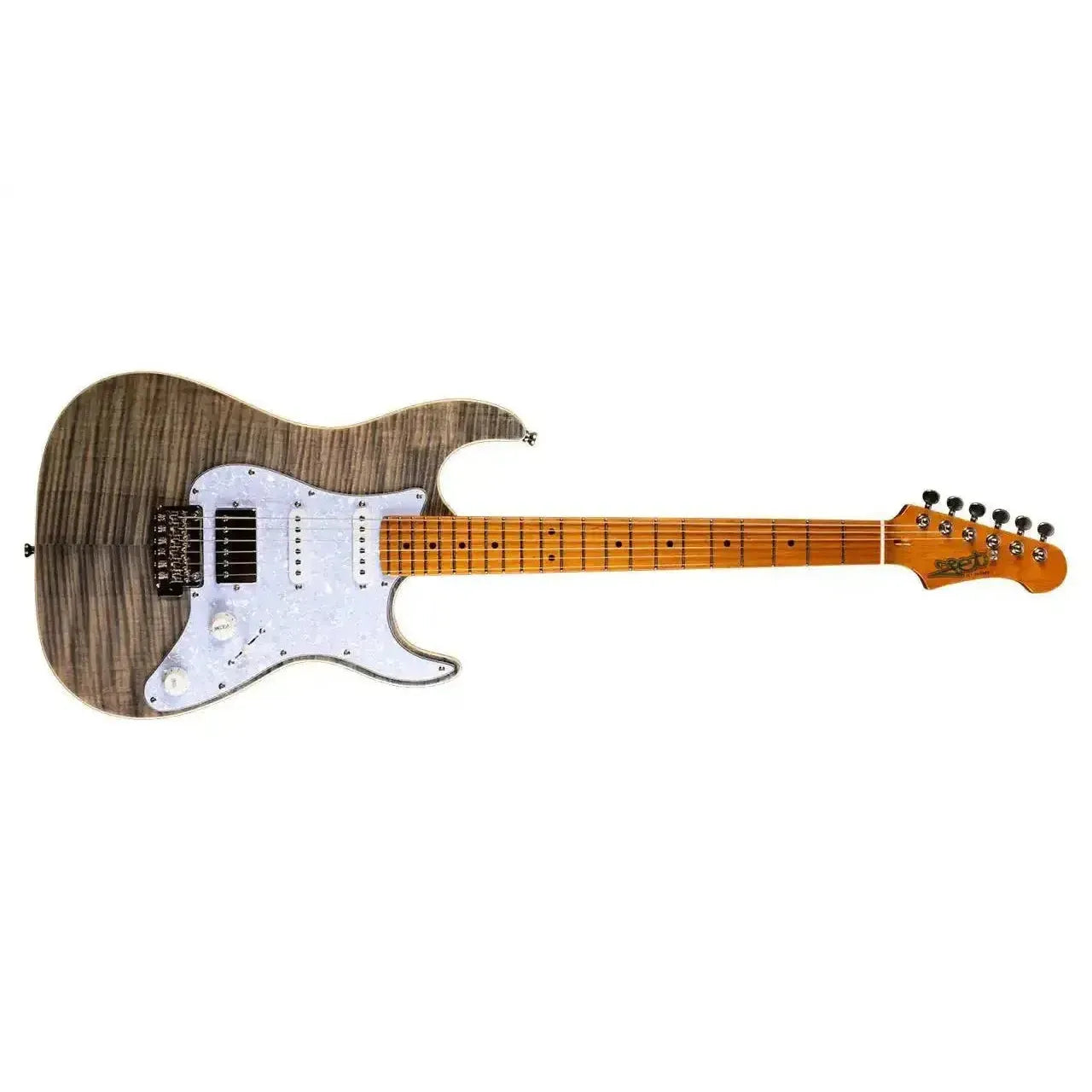 Jet JS-450 TBK Stratocaster electric guitar with transparent black flamed maple body and roasted maple neck.
