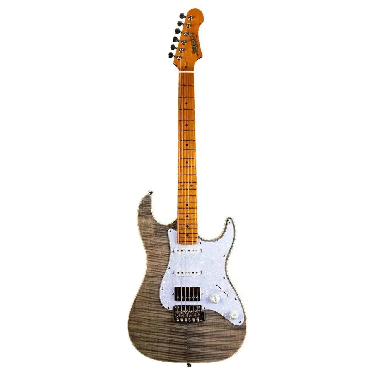 Jet JS-450 TBK Stratocaster electric guitar with transparent black flamed maple body and roasted maple neck.