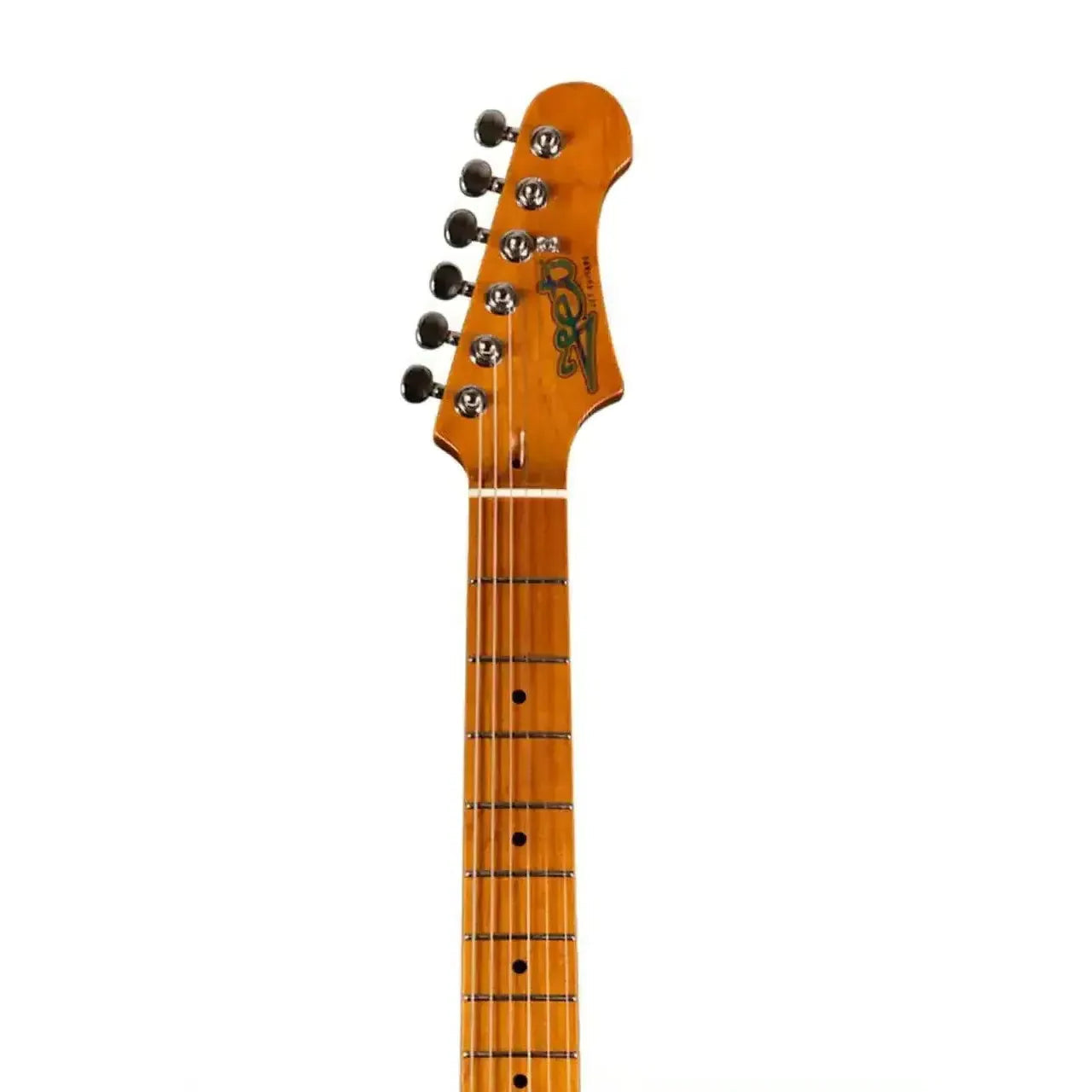Jet JS-450 TBK Stratocaster electric guitar headstock with roasted maple neck and black tuners.