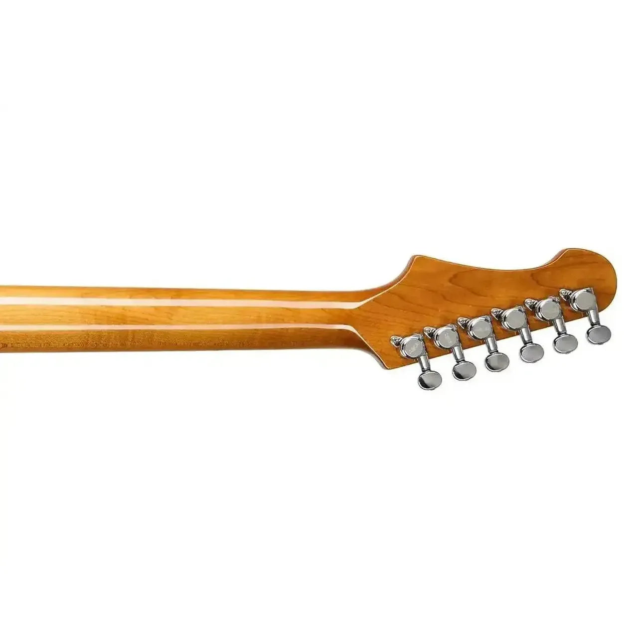 Back of a Jet JS-450 Stratocaster electric guitar's roasted maple neck and headstock with chrome tuners.