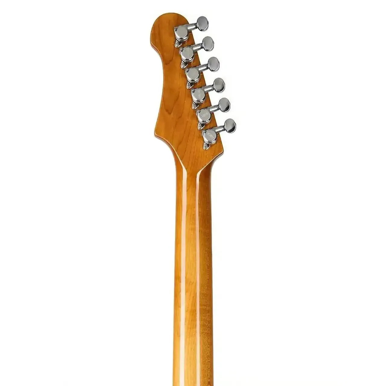 Back of a Jet JS-450 Stratocaster electric guitar's roasted maple neck and headstock with chrome tuners.