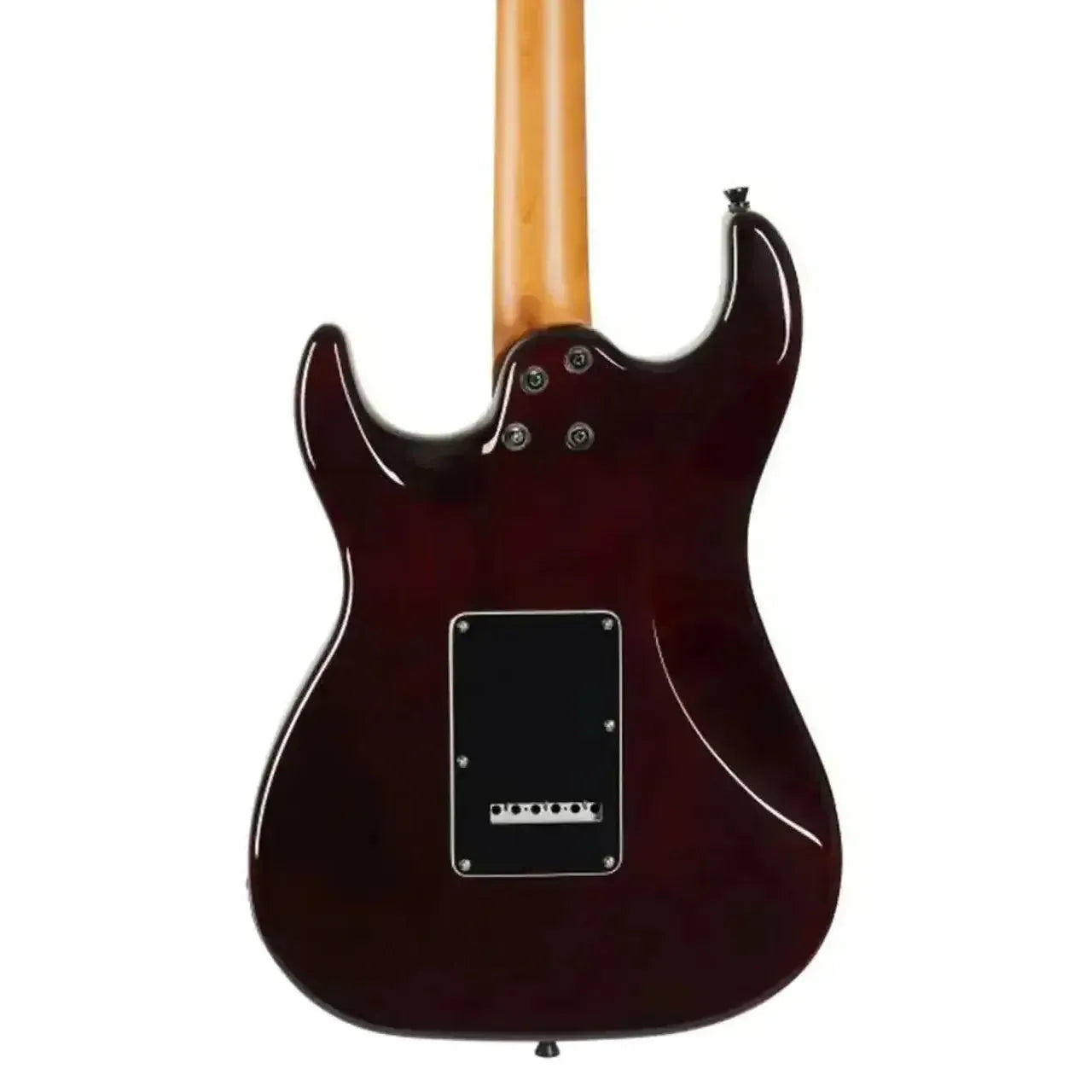 Back of a Jet JS-450 TGR R electric guitar with a dark transparent green body and light wood neck.