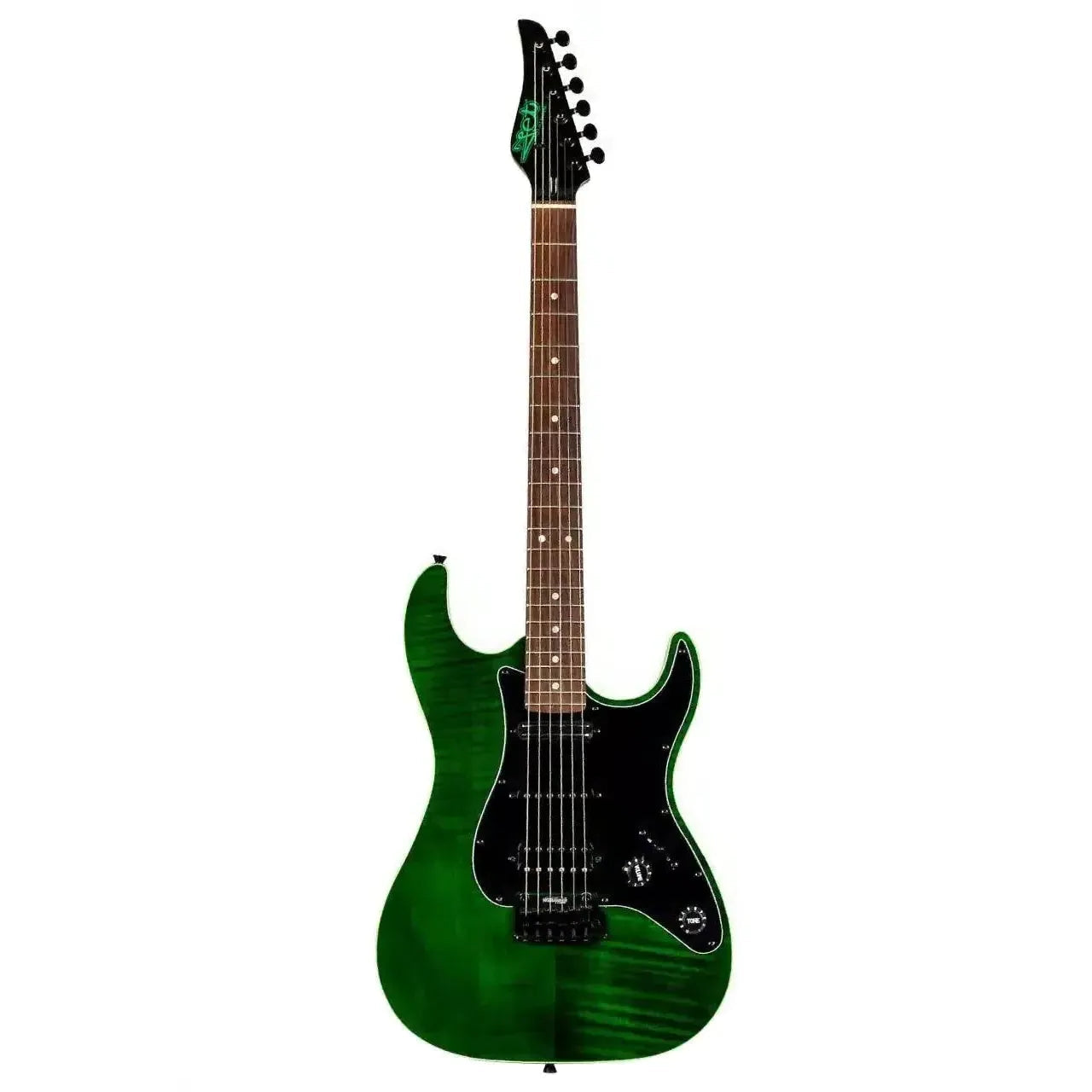 Jet JS-450 TGR R transparent green Stratocaster electric guitar with flamed maple top.