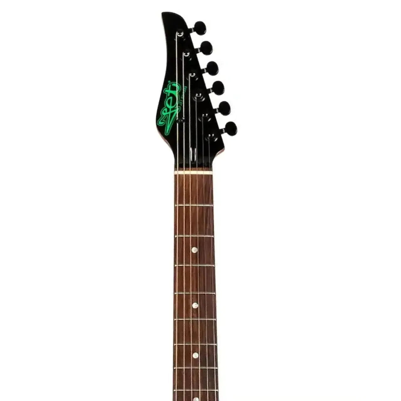 Jet JS-450 TGR R electric guitar headstock and neck with black tuners and green logo.
