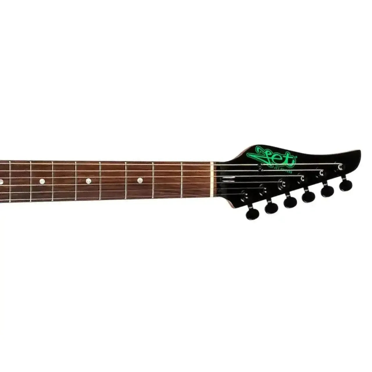 Jet JS-450 TGR R electric guitar headstock and neck with black tuners and green logo.