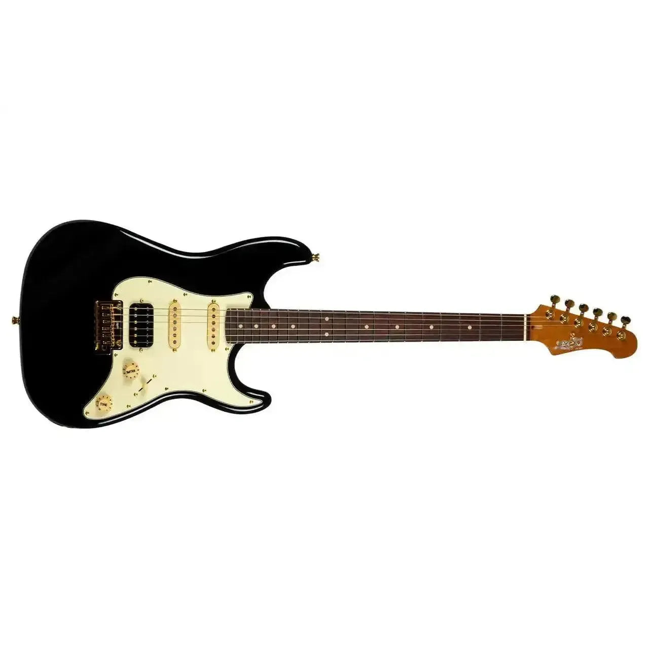 Jet JS-480 BK G black Stratocaster electric guitar with gold hardware and a roasted maple neck.