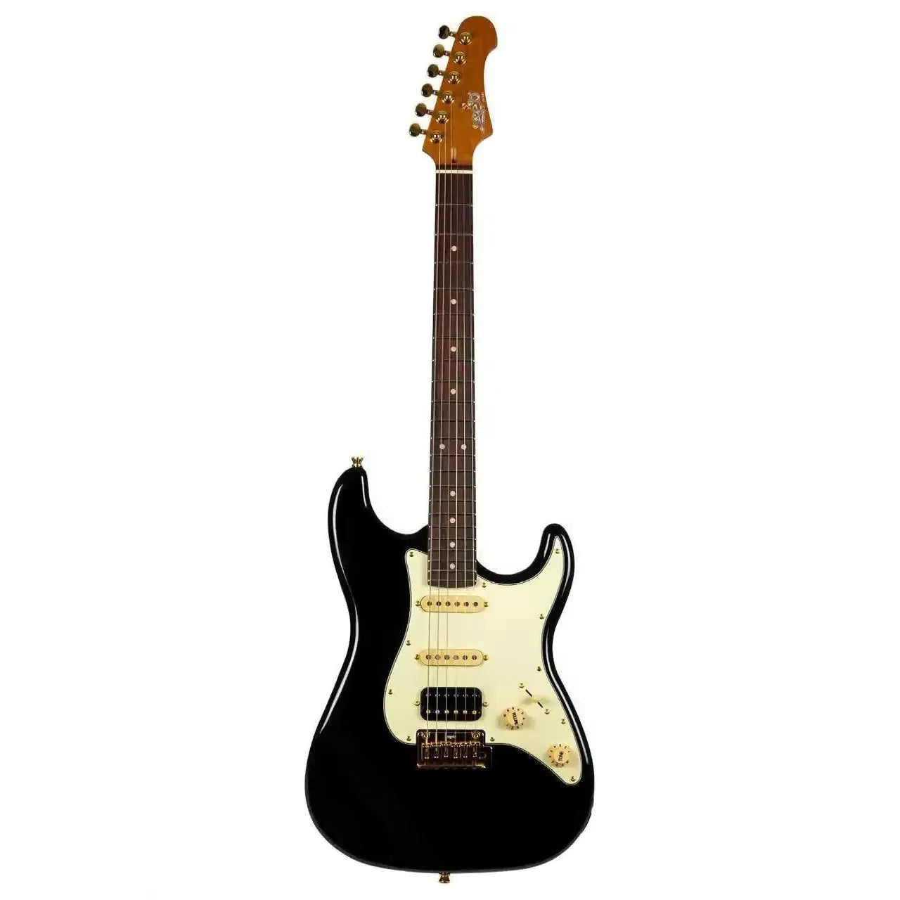Jet JS-480 BK G black Stratocaster electric guitar with gold hardware and a roasted maple neck.