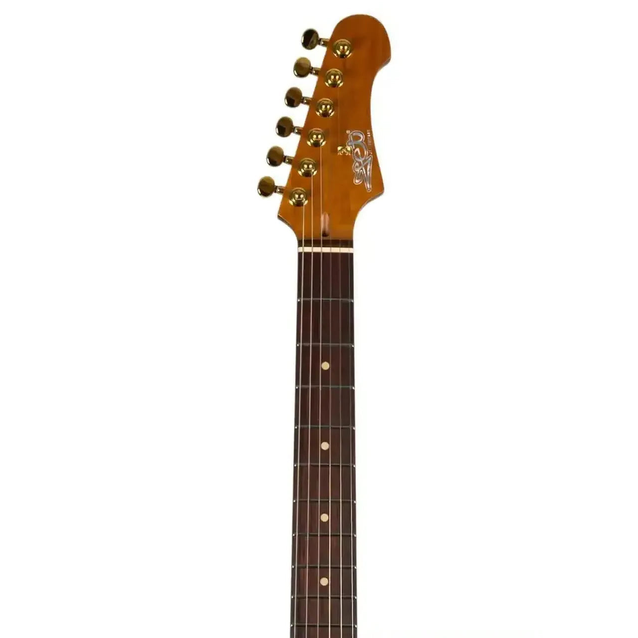 Jet JS-480 BK G Stratocaster electric guitar headstock with gold locking tuners and rosewood fretboard.