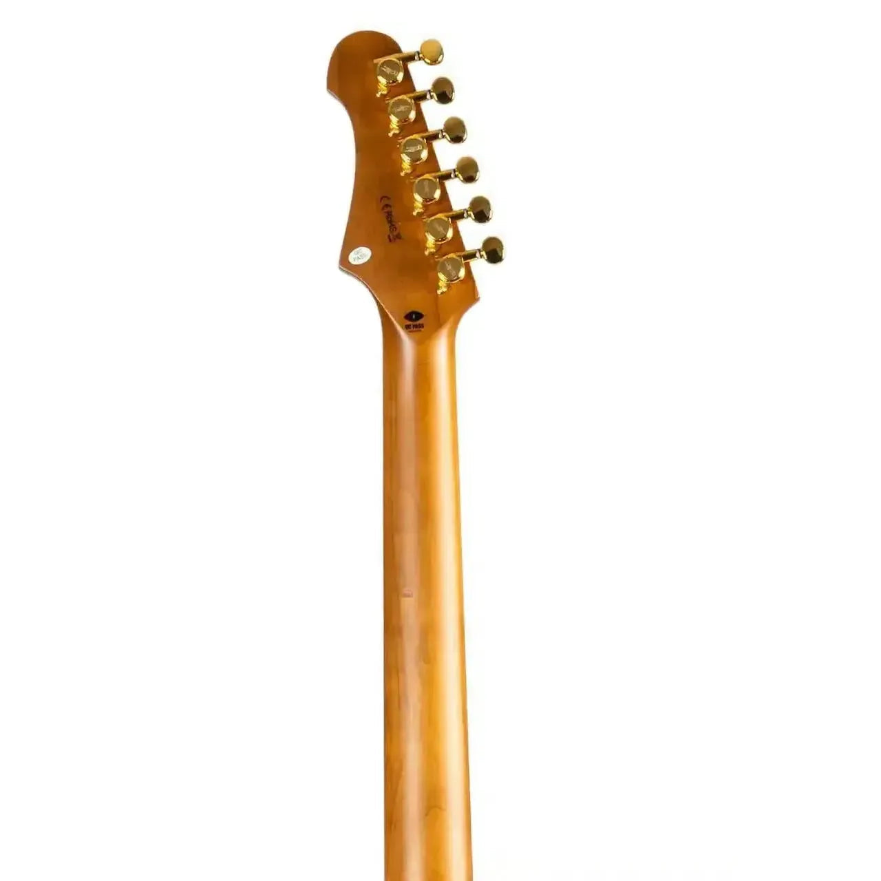 Jet JS-480 BK G Stratocaster electric guitar headstock and neck with gold locking tuners.