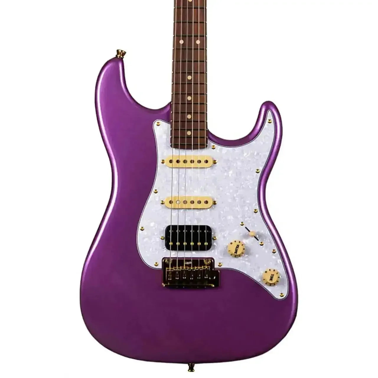 Jet JS-480 VI G Violet Stratocaster electric guitar with white pearloid pickguard and gold hardware.