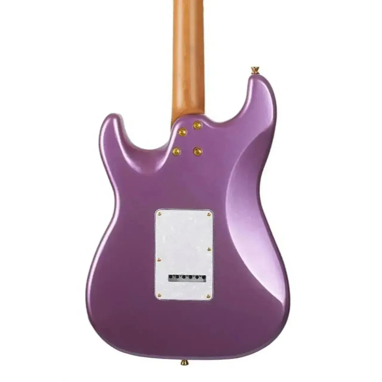 Back of a Jet JS-480 VI G Stratocaster electric guitar in glossy violet with a roasted maple neck.