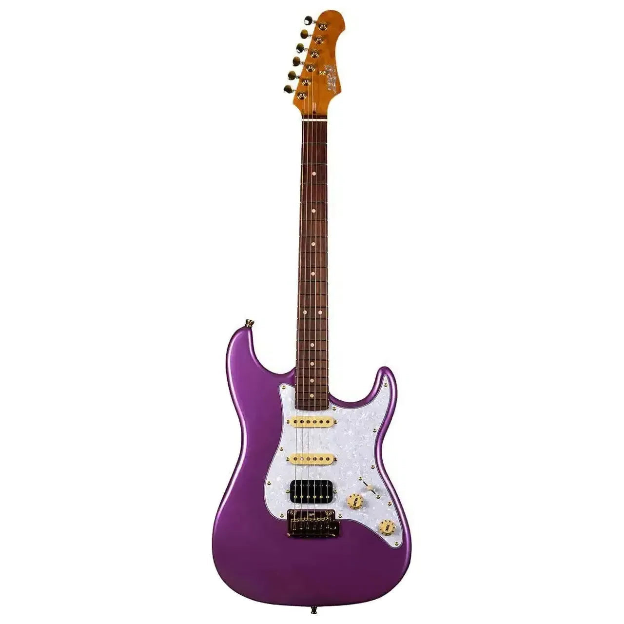 Jet JS-480 VI G Violet Stratocaster electric guitar with white pearloid pickguard and gold hardware.