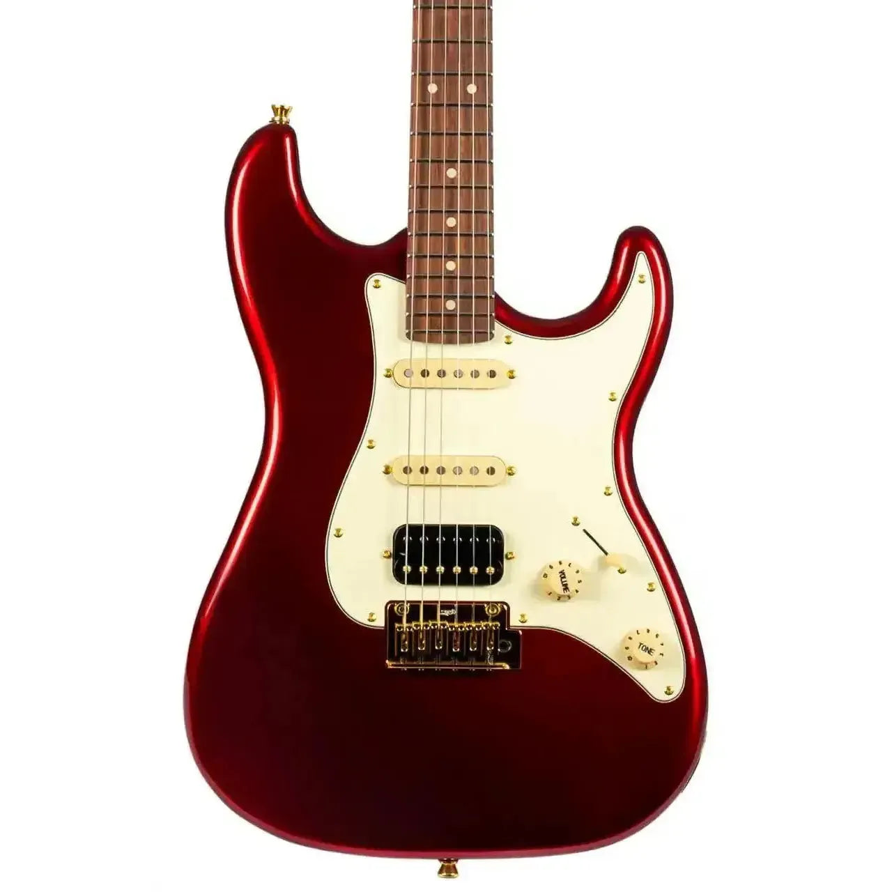 Jet JS-480 WR G Wine Red Stratocaster electric guitar with gold hardware and cream pickguard.