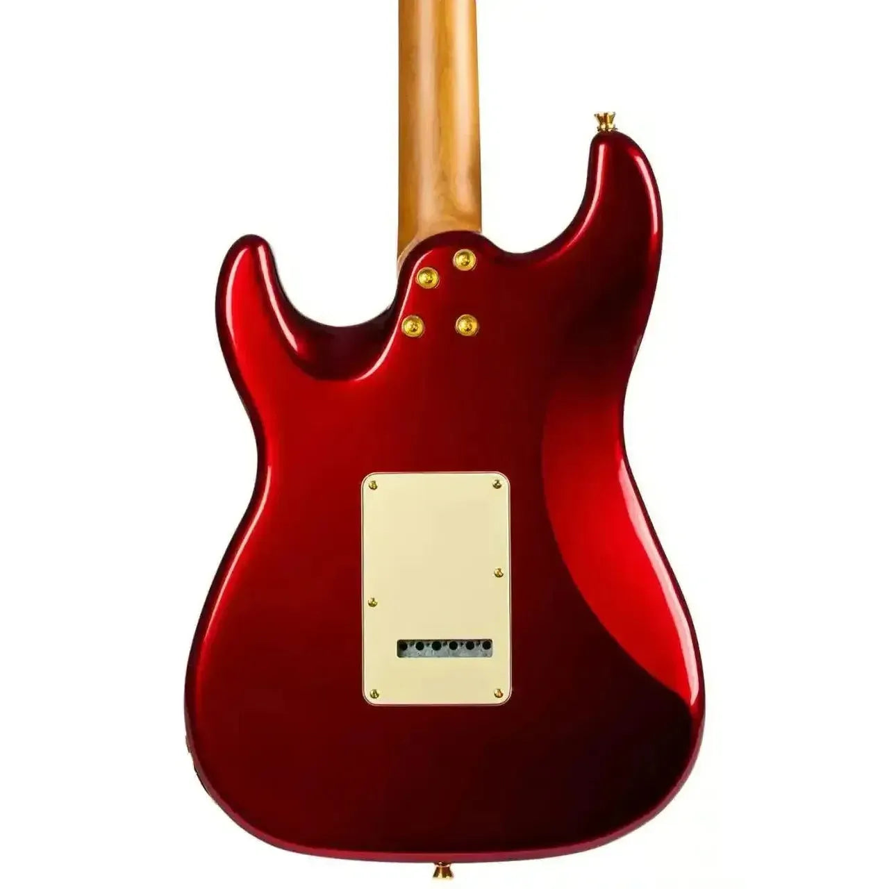 Back of a Jet JS-480 WR G Wine Red Stratocaster electric guitar with a roasted maple neck.