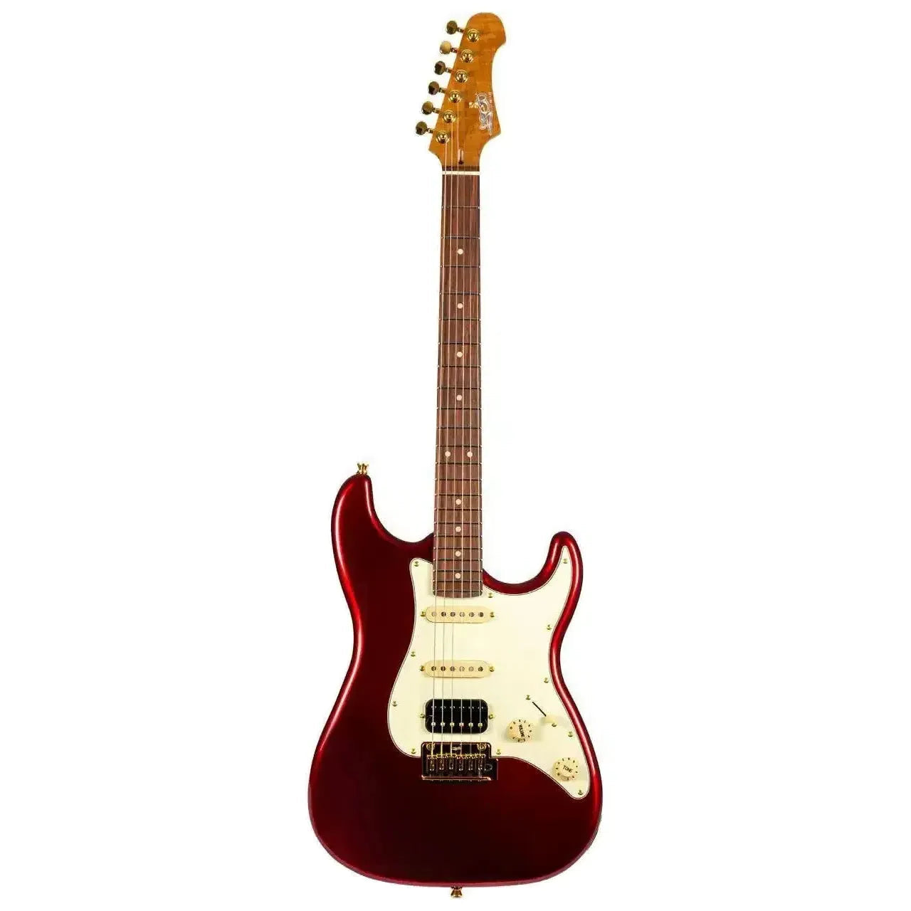 Jet JS-480 WR G Wine Red Stratocaster electric guitar with gold hardware and roasted maple neck.