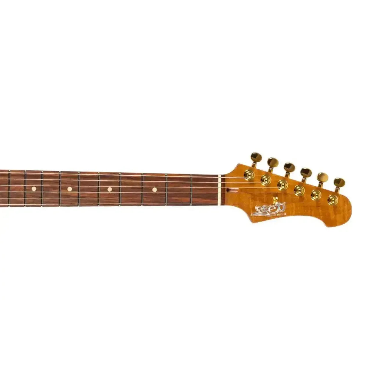 Jet JS-480 electric guitar headstock with gold tuners, roasted maple neck, and rosewood fretboard.