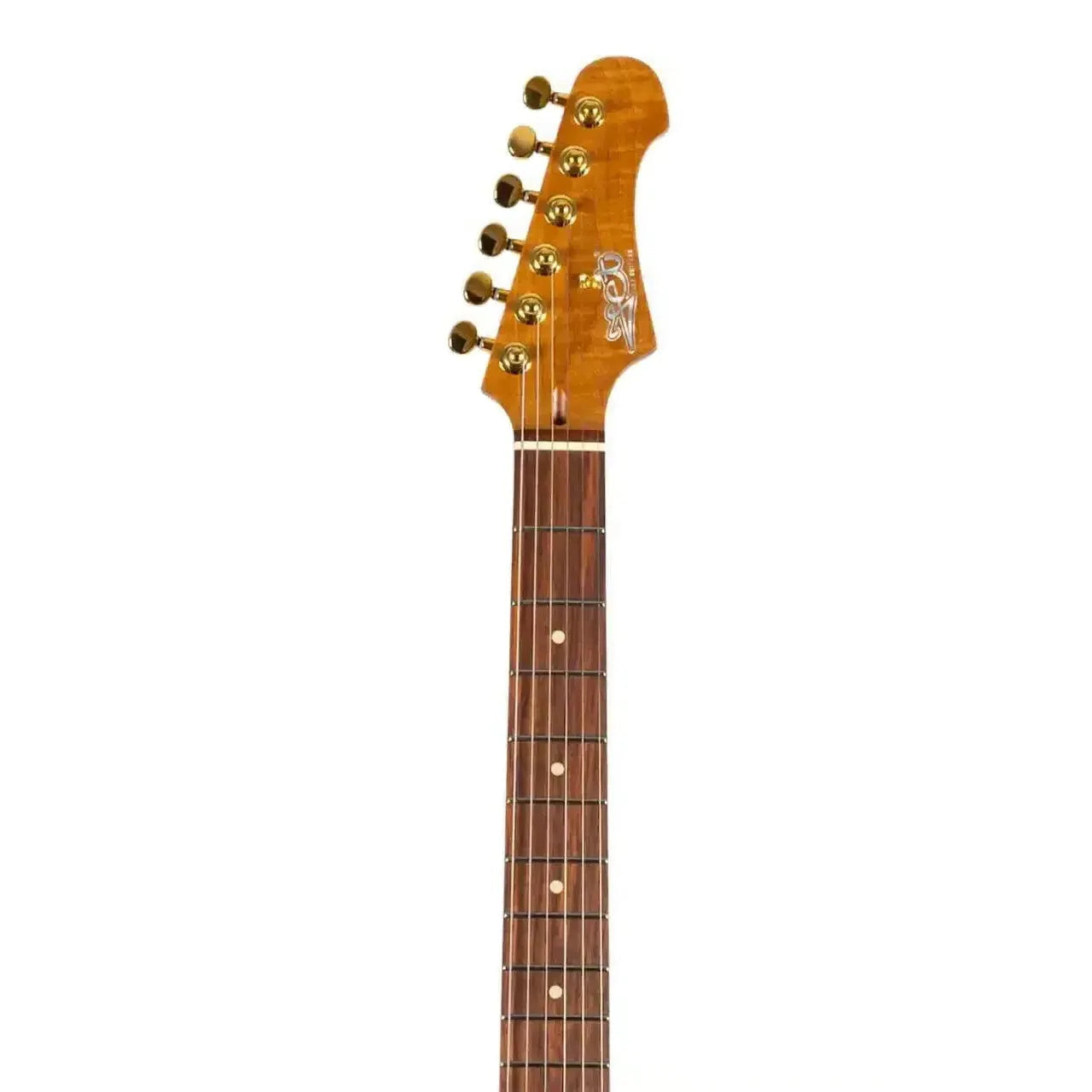 Jet JS-480 electric guitar headstock with gold tuners, roasted maple neck, and rosewood fretboard.