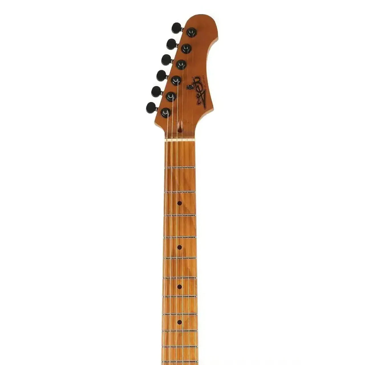 Jet JS-500 MBK electric guitar headstock and neck with roasted maple fretboard and black tuners.