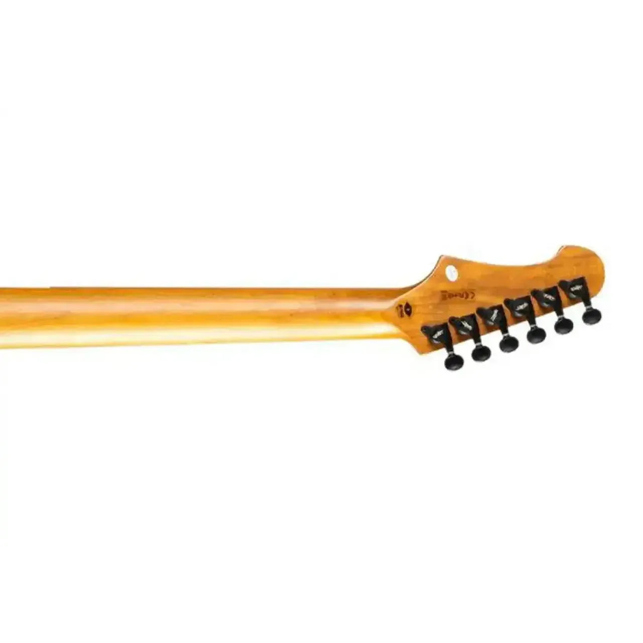 Jet JS-500 electric guitar's roasted maple neck and headstock with black locking tuners.